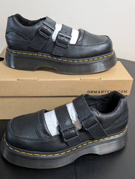Dr. Martens Shoes - Dr. Martens Black Leather Double-Buckle Platform Mary Jane with Yellow Stitching